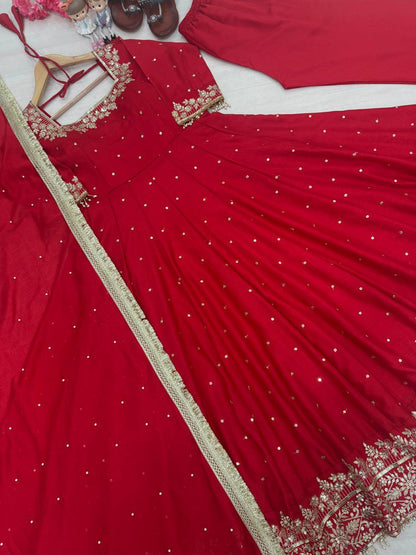 Crimson Red Embellished Anarkali Suit Set with Gota Patti and Sequin Detailing
