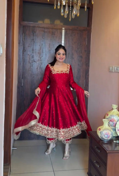 Crimson Red Embellished Anarkali Suit Set with Gota Patti and Sequin Detailing