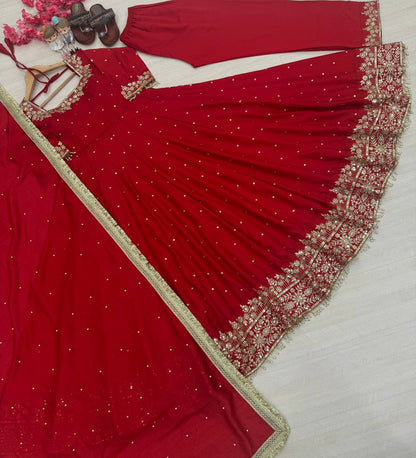 Crimson Red Embellished Anarkali Suit Set with Gota Patti and Sequin Detailing