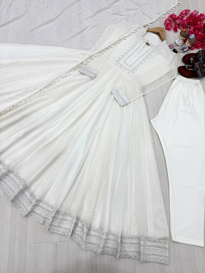 Elegant Off-White Cotton Anarkali Set with Thread Embroidery and Dupatta
