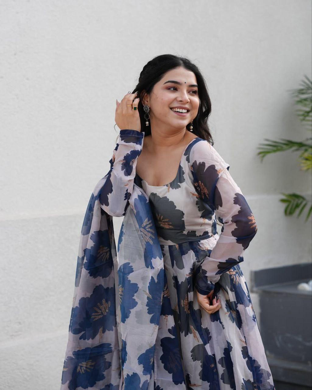Blue Color Flower Print Tabby Organza Anarkali Suit