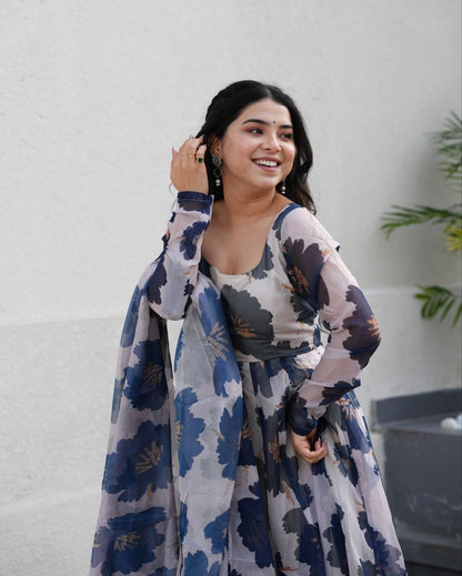Blue Color Flower Print Tabby Organza Anarkali Suit