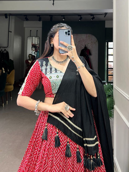 Red Navratri Lehenga Choli in Rayon With Bandhej and Ajarakh Print Work