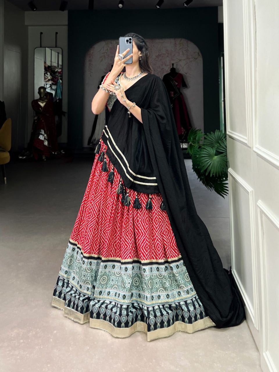 Red Navratri Lehenga Choli in Rayon With Bandhej and Ajarakh Print Work