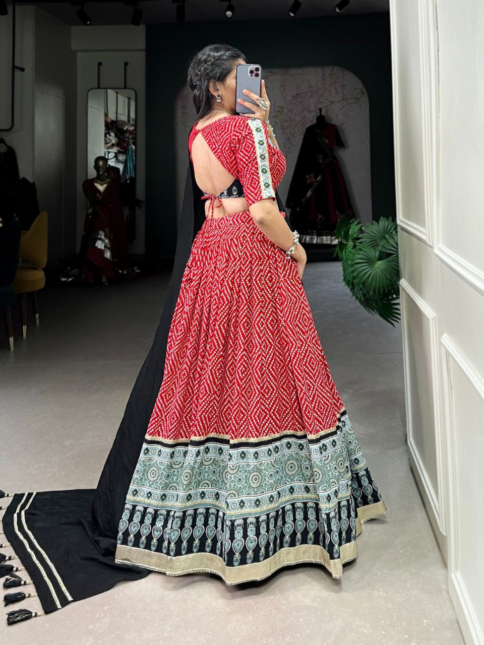 Red Navratri Lehenga Choli in Rayon With Bandhej and Ajarakh Print Work