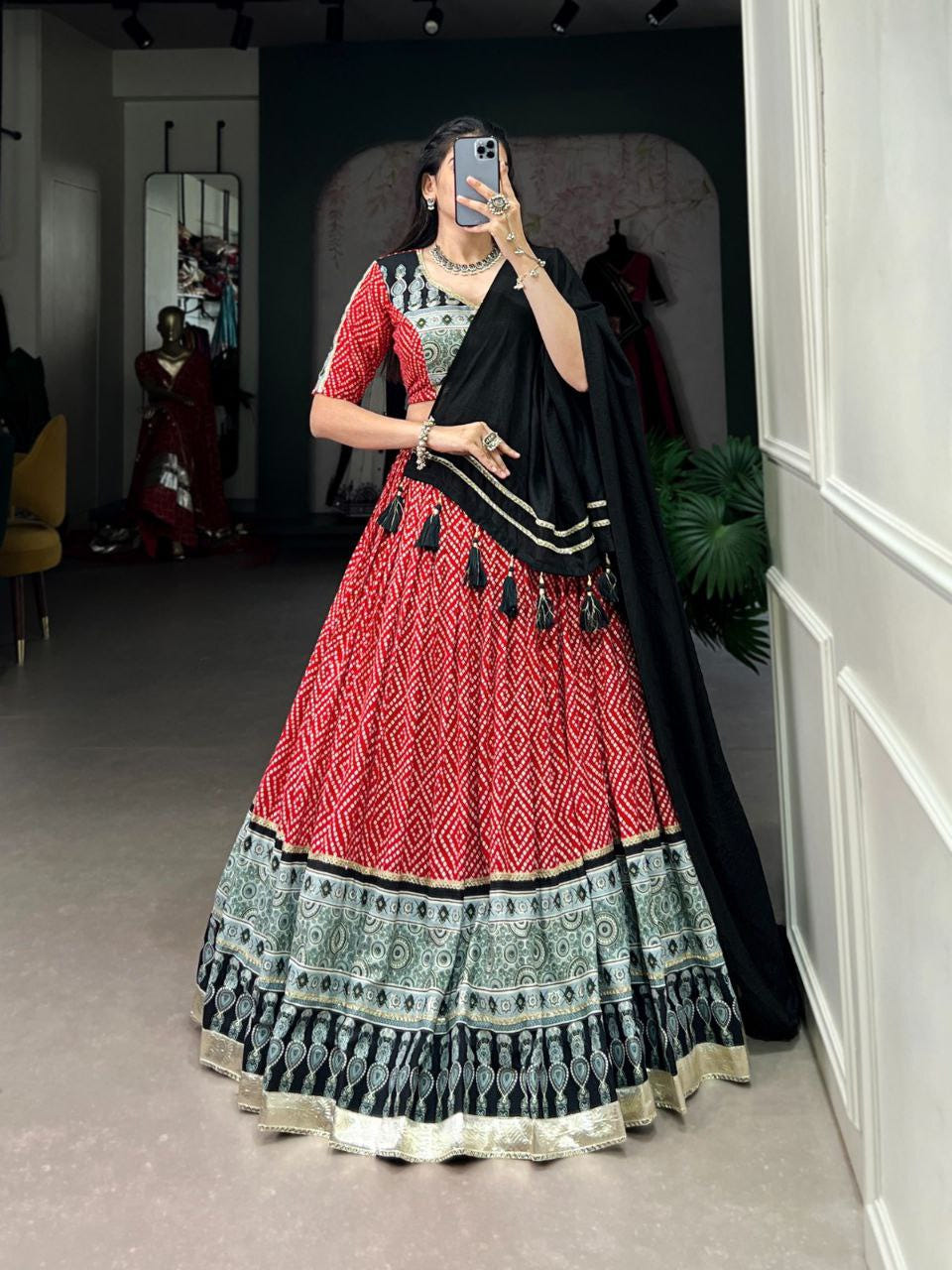 Red Navratri Lehenga Choli in Rayon With Bandhej and Ajarakh Print Work