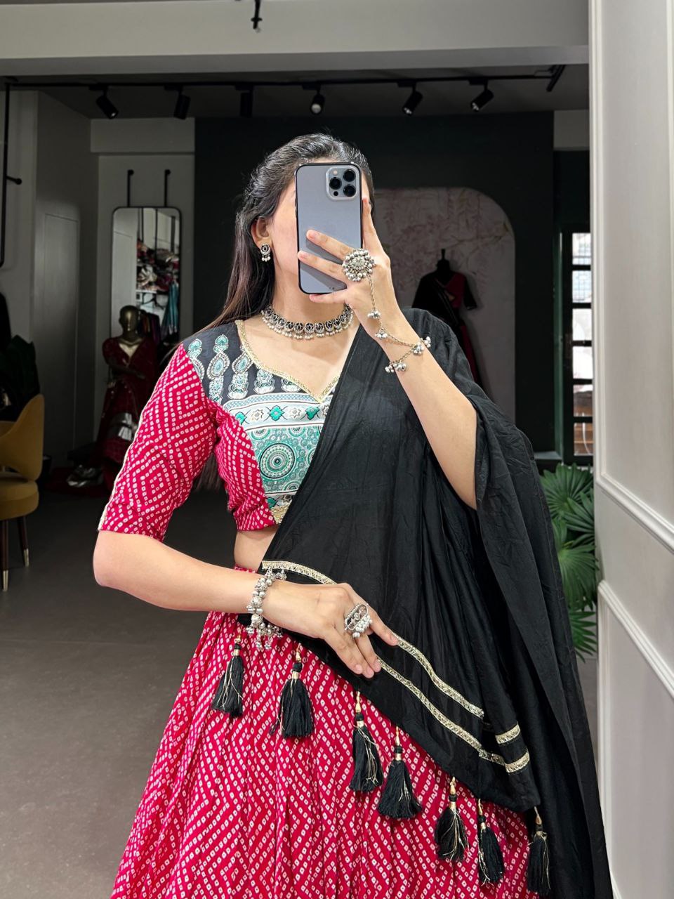 Red Navratri Lehenga Choli in Rayon With Bandhej and Ajarakh Print Work