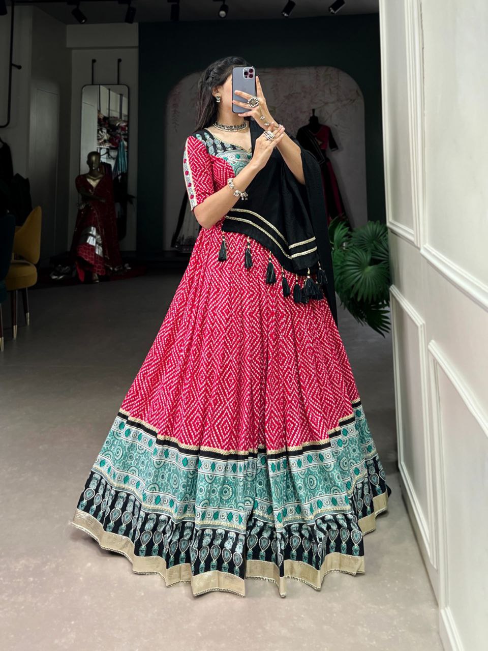 Red Navratri Lehenga Choli in Rayon With Bandhej and Ajarakh Print Work
