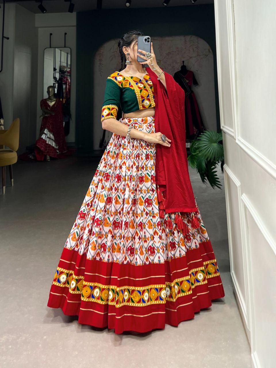 White and Red Navratri Lehenga Choli in Dola Silk With Patola Print and Real Mirror