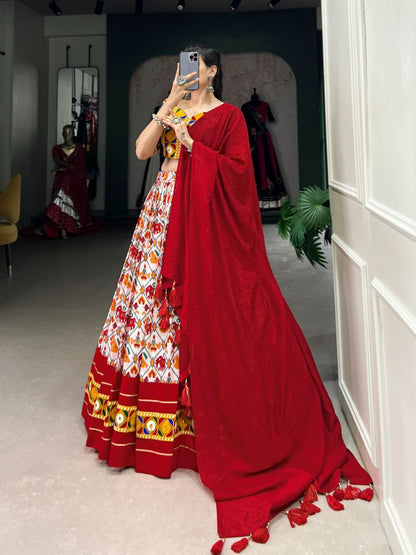 White and Red Navratri Lehenga Choli in Dola Silk With Patola Print and Real Mirror