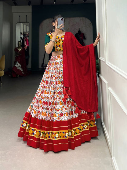 White and Red Navratri Lehenga Choli in Dola Silk With Patola Print and Real Mirror