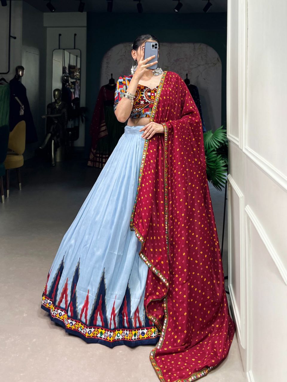 DOLA SILK PRINTED WITH FOIL WORK GAMTHI LACE LEHNGA CHOLI