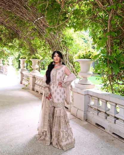 Ivory Gold Hand-Embroidered Bridal Lehenga Set with Sequins and Zari Work