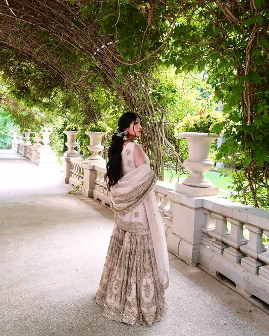 Ivory Gold Hand-Embroidered Bridal Lehenga Set with Sequins and Zari Work