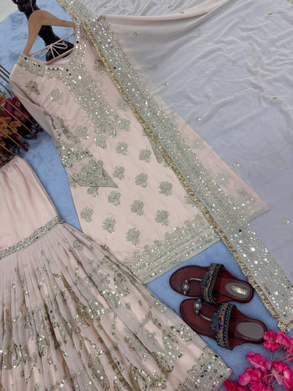 Ivory Gold Hand-Embroidered Bridal Lehenga Set with Sequins and Zari Work