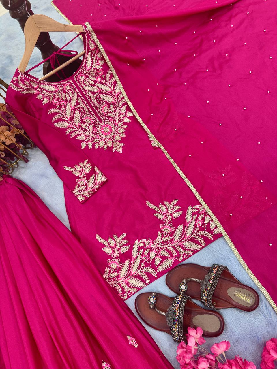Rani Pink Peplum Kurta Sharara Set with Intricate Thread & Sequin Embroidery