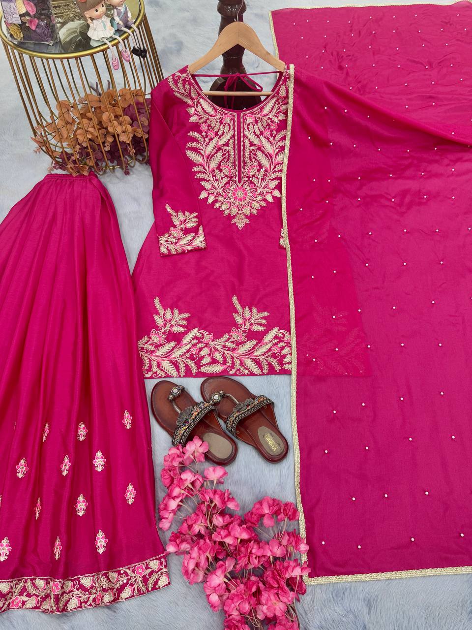 Rani Pink Peplum Kurta Sharara Set with Intricate Thread & Sequin Embroidery