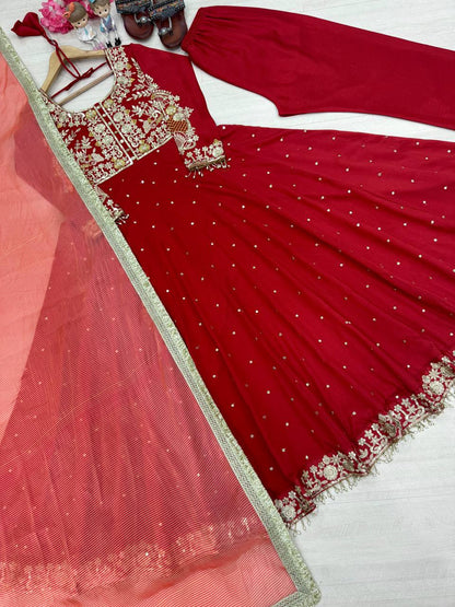 Ruby Red Anarkali Suit Set with Heavy Golden Zari Embroidery and Tissue Dupatta