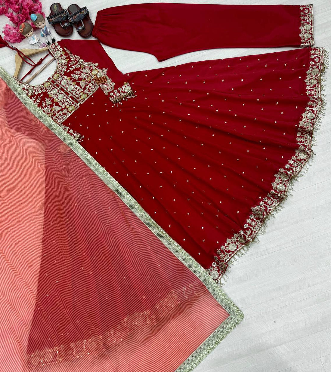 Ruby Red Anarkali Suit Set with Heavy Golden Zari Embroidery and Tissue Dupatta