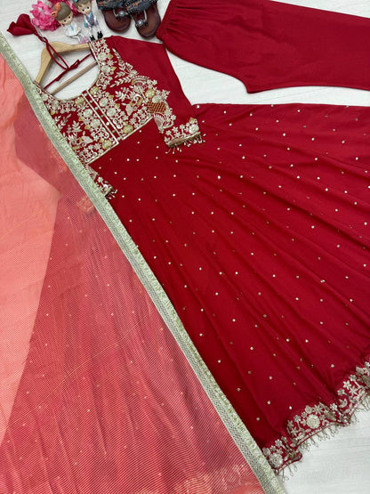 Ruby Red Anarkali Suit Set with Heavy Golden Zari Embroidery and Tissue Dupatta