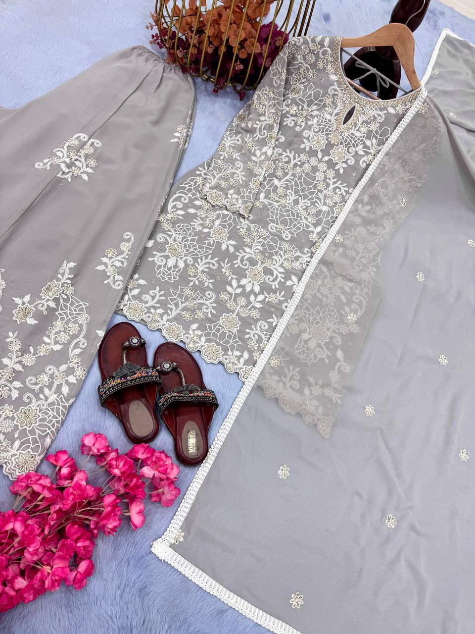 Smokey Grey Georgette Suit Set with Cream Thread Embroidery and Net Dupatta
