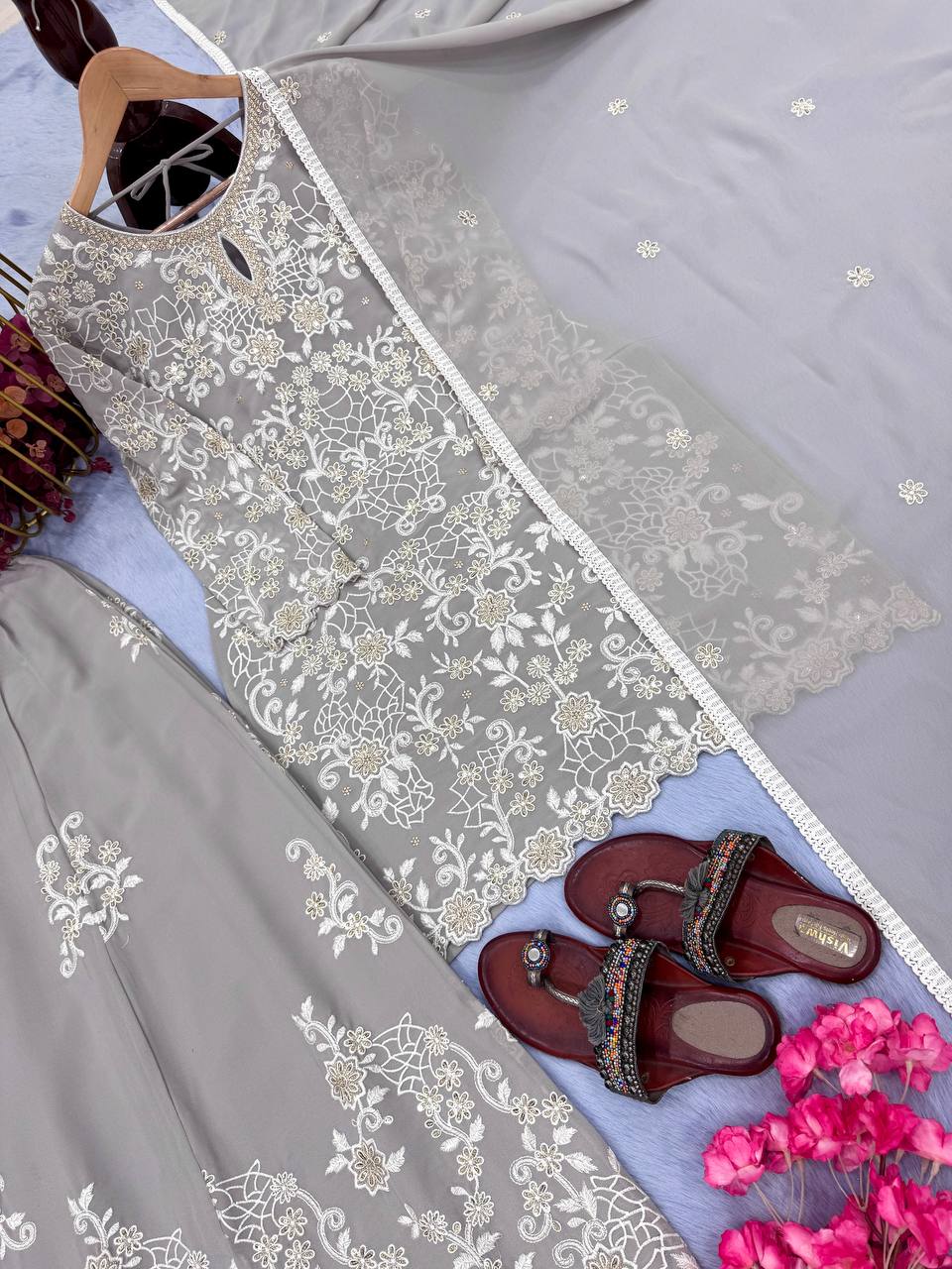 Smokey Grey Georgette Suit Set with Cream Thread Embroidery and Net Dupatta
