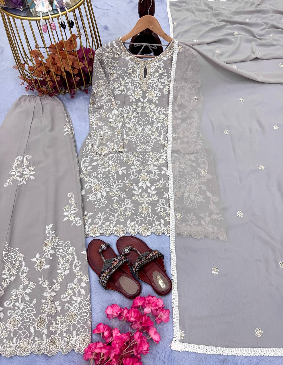 Smokey Grey Georgette Suit Set with Cream Thread Embroidery and Net Dupatta