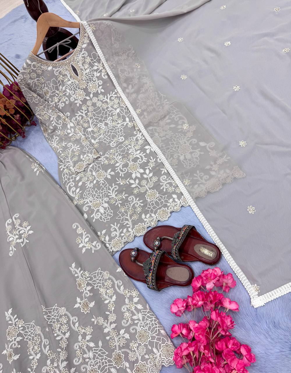 Smokey Grey Georgette Suit Set with Cream Thread Embroidery and Net Dupatta
