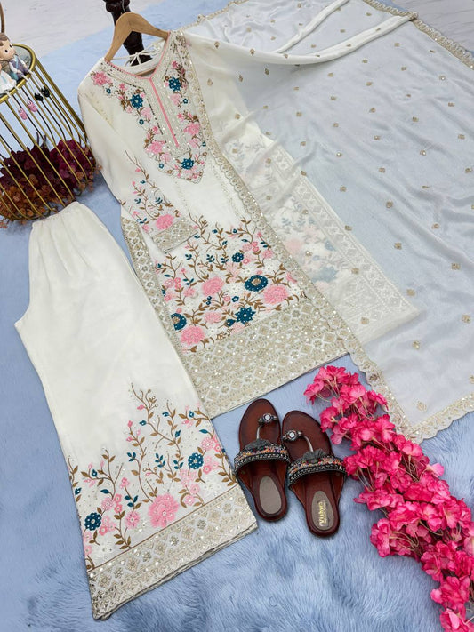 Floral Embroidered Pakistani Style Straight Suit Set with Mirror Work & Matching Dupatta