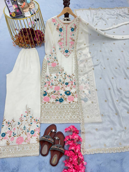 Floral Embroidered Pakistani Style Straight Suit Set with Mirror Work & Matching Dupatta