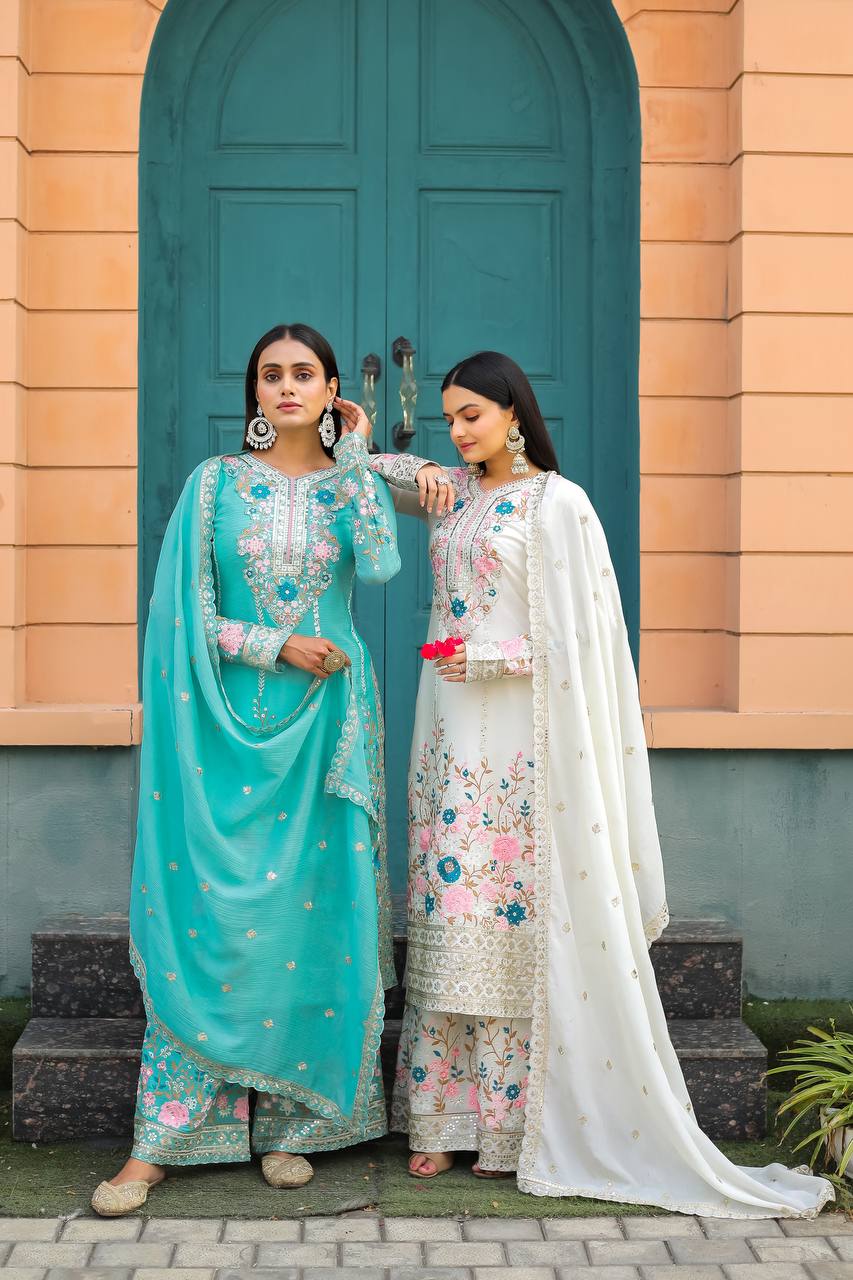 Floral Embroidered Pakistani Style Straight Suit Set with Mirror Work & Matching Dupatta