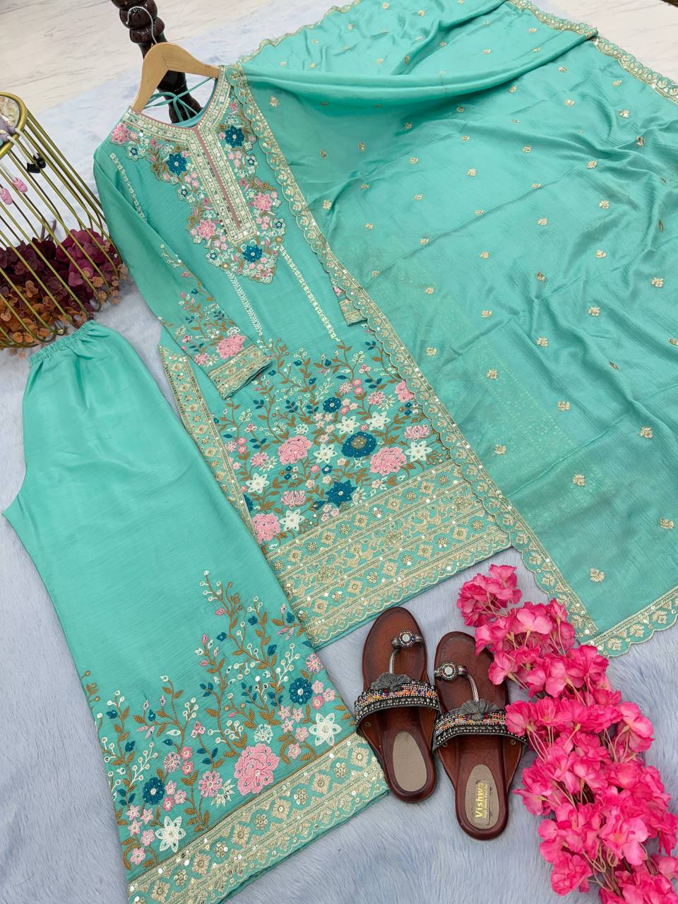 Floral Embroidered Pakistani Style Straight Suit Set with Mirror Work & Matching Dupatta