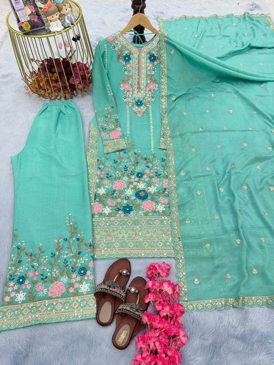 Floral Embroidered Pakistani Style Straight Suit Set with Mirror Work & Matching Dupatta