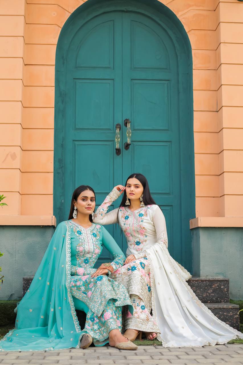 Floral Embroidered Pakistani Style Straight Suit Set with Mirror Work & Matching Dupatta