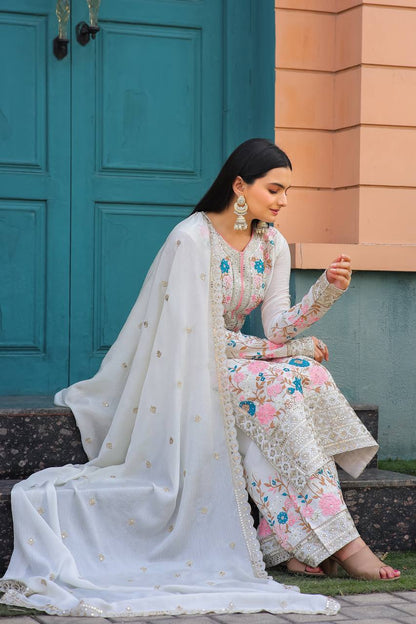 Floral Embroidered Pakistani Style Straight Suit Set with Mirror Work & Matching Dupatta