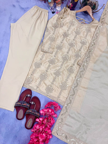 Elegant Hand-Embroidered Straight Cut Kurta Set with Dupatta