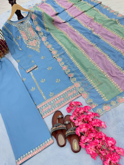 Pastel Blue Hand Embroidered A-Line Kurta Set with Multicolor Dupatta