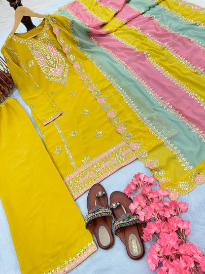 Sunshine Mustard Hand Embroidered Kurta Set with Contrast Multicolor Dupatta