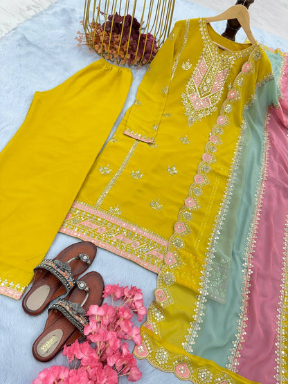 Sunshine Mustard Hand Embroidered Kurta Set with Contrast Multicolor Dupatta