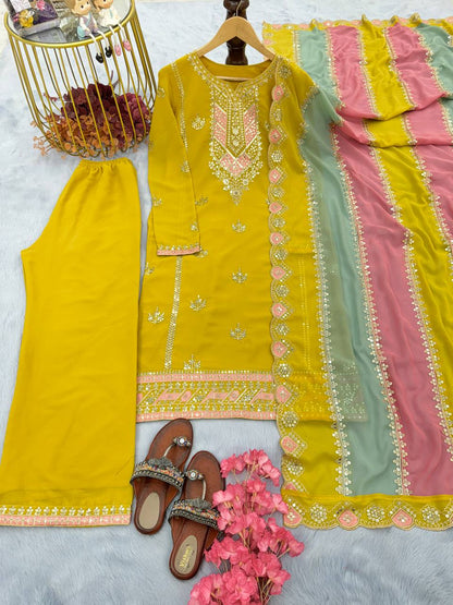Sunshine Mustard Hand Embroidered Kurta Set with Contrast Multicolor Dupatta