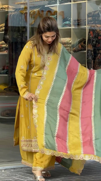 Sunshine Mustard Hand Embroidered Kurta Set with Contrast Multicolor Dupatta