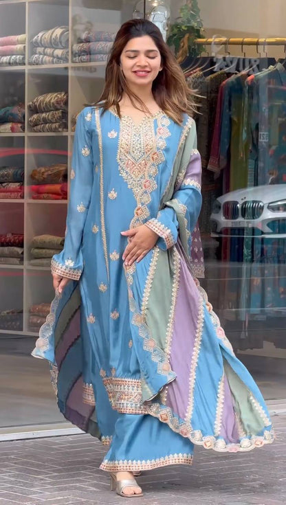 Pastel Blue Hand Embroidered A-Line Kurta Set with Multicolor Dupatta