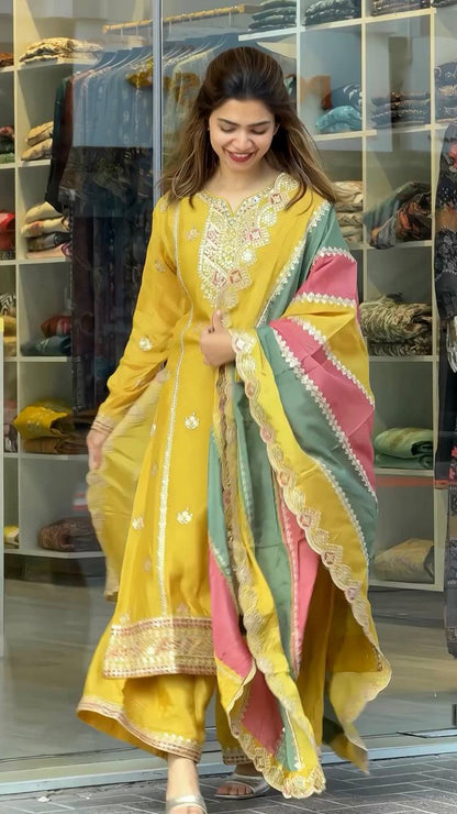 Sunshine Mustard Hand Embroidered Kurta Set with Contrast Multicolor Dupatta