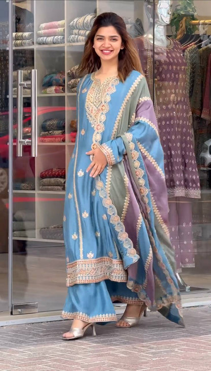 Pastel Blue Hand Embroidered A-Line Kurta Set with Multicolor Dupatta