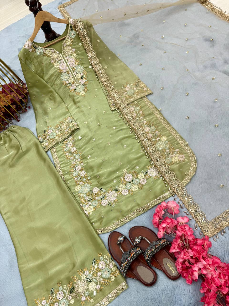 Embroidered Palazzo Suit with Net Dupatta
