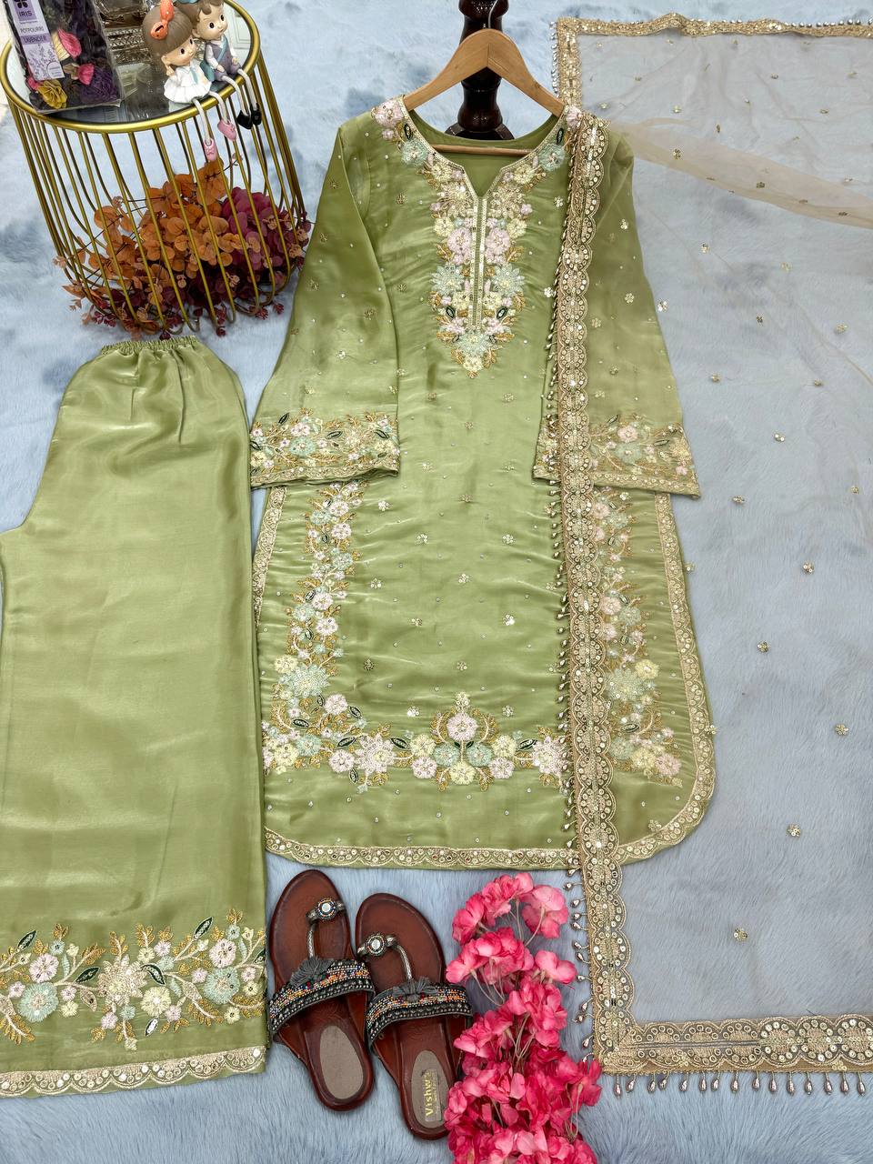 Embroidered Palazzo Suit with Net Dupatta