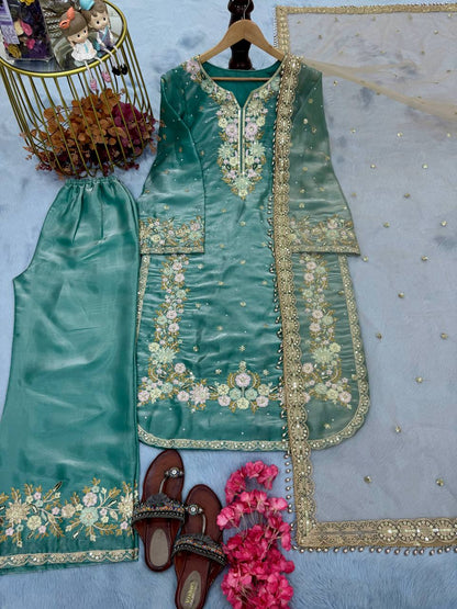 Embroidered Palazzo Suit with Net Dupatta