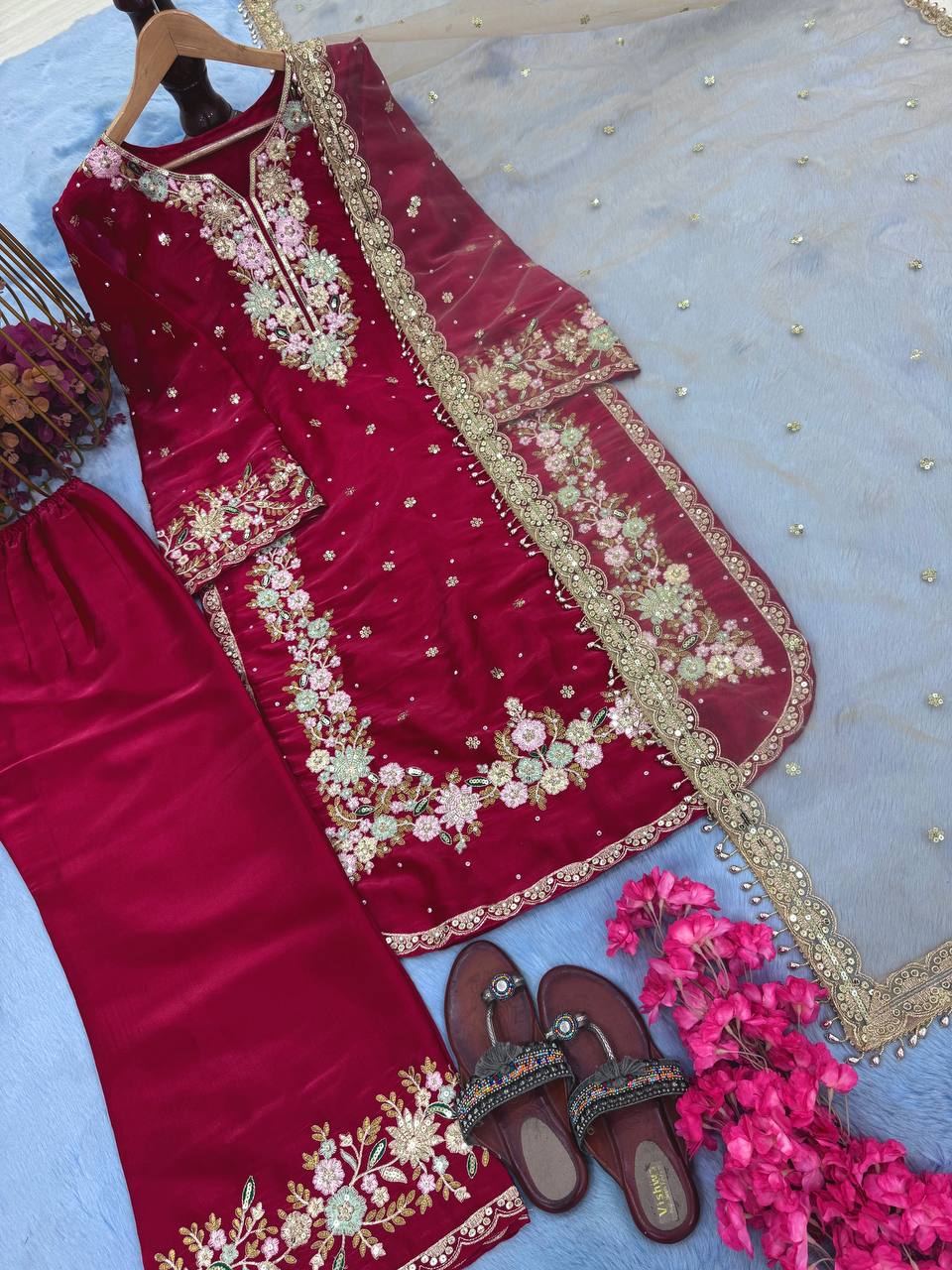 Embroidered Palazzo Suit with Net Dupatta