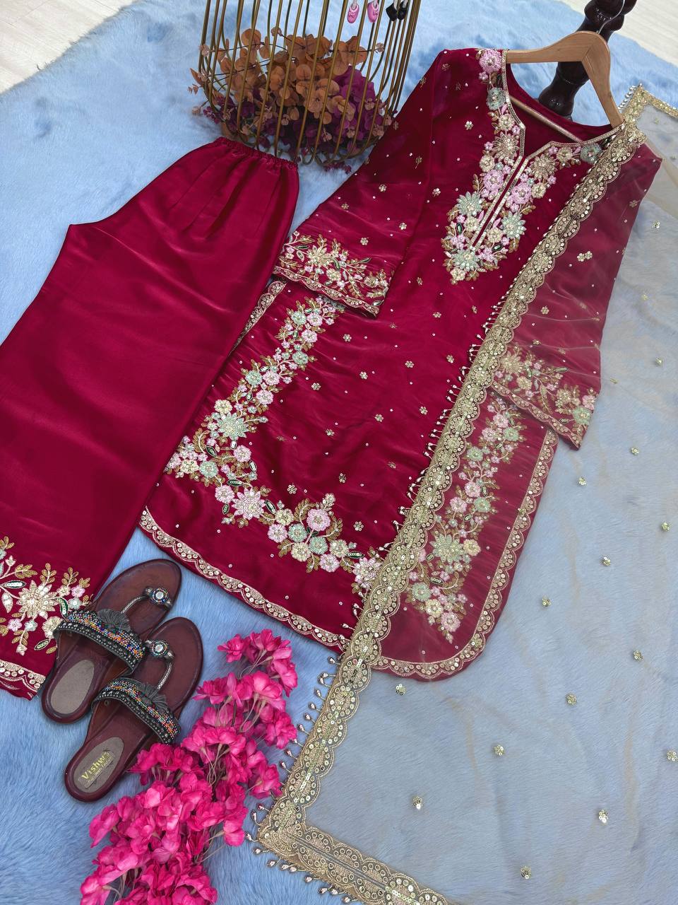 Embroidered Palazzo Suit with Net Dupatta