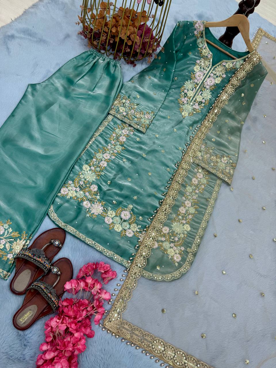Embroidered Palazzo Suit with Net Dupatta